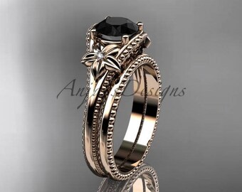 Solitaire Black Diamond Engagement Set Rose Gold 14k Flower Wedding Ring Sets Nature Inspired Ring For Women