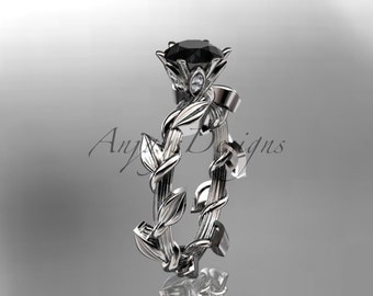 Nature Inspired Black Diamond Engagement Ring Leaf Wedding Ring 1 Carat Diamond Ring 14k White Gold
