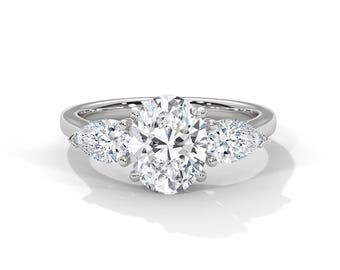 2 Carat Oval Lab Grown Diamond Three Stone Engagement Ring Oval & Pear Shape 3 Stone Diamond Ring 18k Gold Trilogy Ring