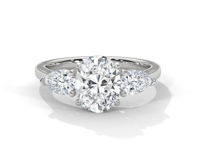 2 Carat Oval Lab Grown Diamond Three Stone Engagement Ring Oval & Pear Shape 3 Stone Diamond Ring 18k Gold Trilogy Ring