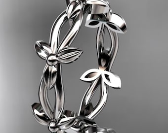 Petite Flower Wedding Band 14k White Gold Floral Nature Inspired Ring Dainty Minimalist Ring