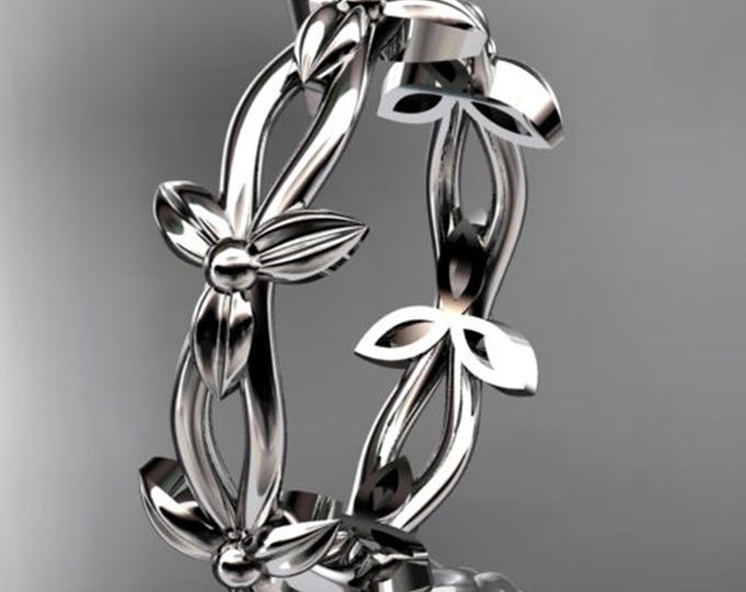 Petite Flower Wedding Band 14k White Gold Floral Nature Inspired Ring