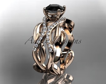Unique Rose Gold Engagement Ring Leaf Vine Ring 14k Gold Wedding Ring Black Diamond Promise Ring For Her