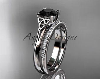 Solitaire Black Diamond 14k Gold Engagement Ring Set Women's Unique Irish Celtic Knot Wedding Sets For Her