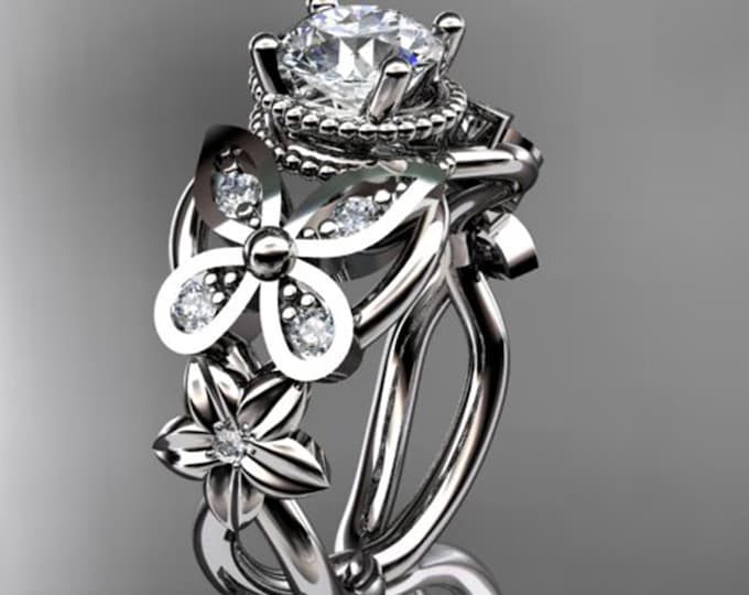 1 Carat Round Brilliant Lab Grown Diamond Butterfly Engagement Ring Nature Inspired Diamond Ring 14k White Gold