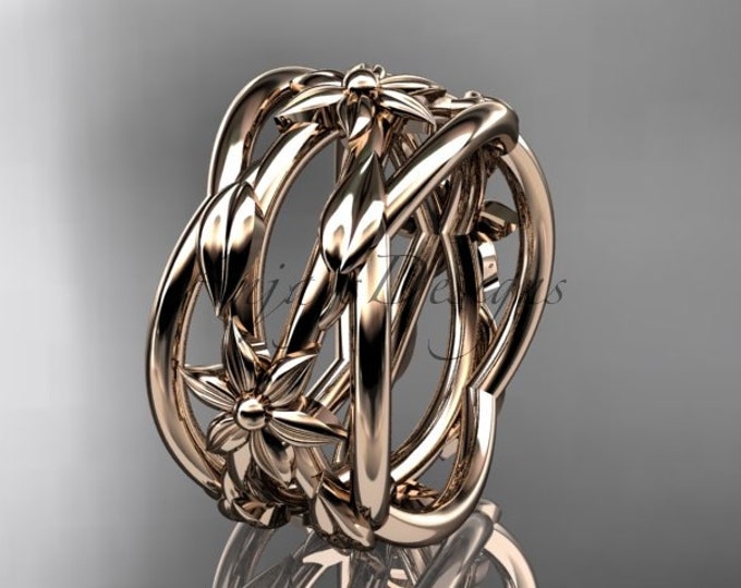 Vintage Floral Leaf Wedding Band 14k Rose Gold Nature Inspired Engagement Band