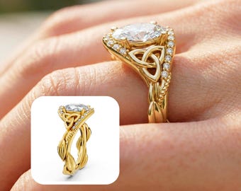 Celtic Engagement Ring 2 Carat IGI Certified Lab Grown Oval Cut Diamond Halo Engagement Ring Nature Inspired