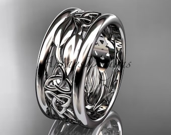 9mm Mens Celtic Wedding Band Nature Inspired Ring Solid 14k White Gold Trinity Knot Leaf Ring