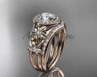 Engagement Ring Set Nature Inspired 14k Rose Gold Diamond Flower Bridal Wedding Gift
