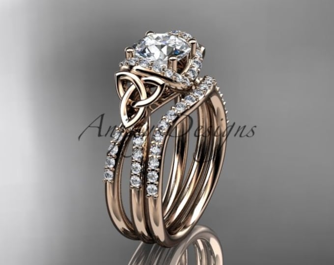 14k Rose Gold Women's Celtic Trinity Knot Wedding Ring Set IGI Certified Diamond Engagement Gift