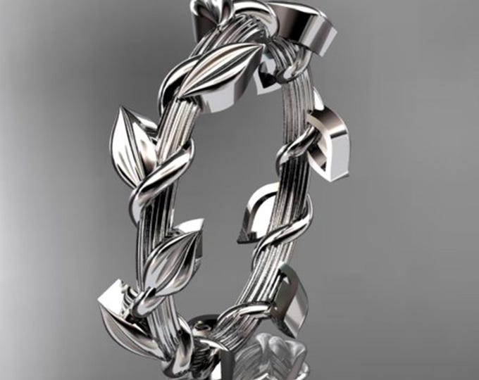 Leaf and Vine Band Nature Inspired 14k White Gold Wedding Band Stackable Ring