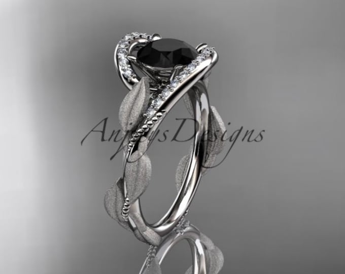 Unique Engagement Ring Nature Inspired Ring Black Diamond Wedding Ring White Gold Ring Diamond Leaf and Vine Wedding Ring