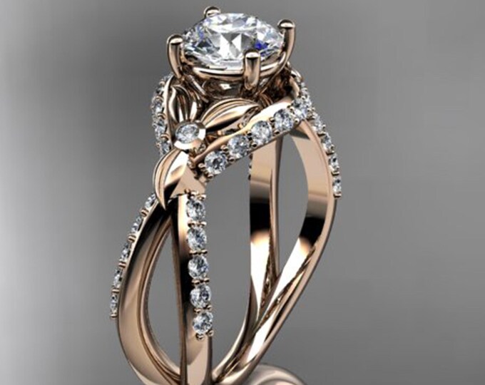 Unique 14k Rose Gold Nature Inspired Engagement Ring 1 CT Lab Grown Diamond Leaf Twisted Ring IGI Certified