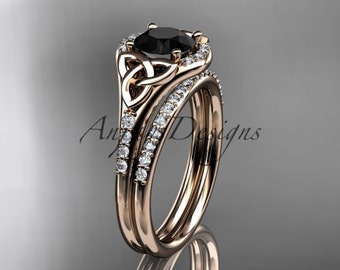 Celtic Engagement Ring Set 14k Rose Gold Wedding Ring Black Diamond Bridal Set Celtic Trinity Wedding Ring Irish Engagement Ring