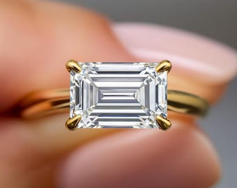 East West Emerald Diamond Engagement Ring 2 Carat Emerald Cut Lab Grown Diamond E VS1 Solitaire Ring 18k Yellow Gold