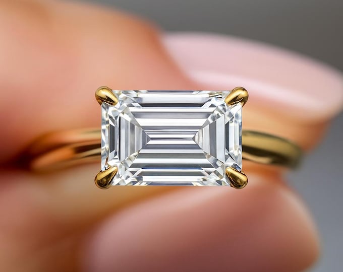 East West Emerald Diamond Engagement Ring 2 Carat Emerald Cut Lab Grown Diamond E VS1 Solitaire Ring 18k Yellow Gold