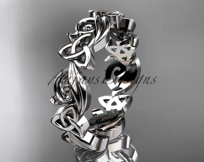 Celtic Trinity Knot Wedding Band 14k White Gold Leaf Nature Inspired Engagement Band