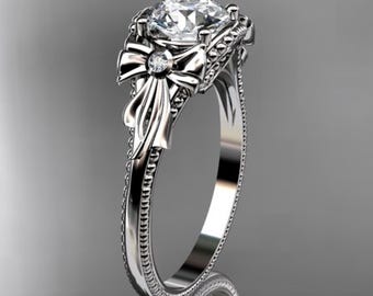 1 Carat Round Lab Grown D VS1 Diamond Ring Bow Diamond Engagement Ring Dainty Ring 14k White Gold IGI Certified