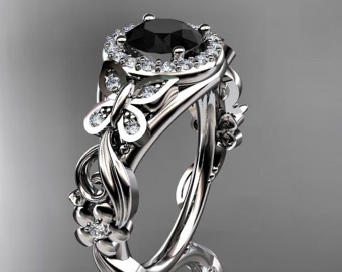 Butterfly Engagement Ring 1 Carat Round Cut Black Diamond Nature Inspired Wedding Ring