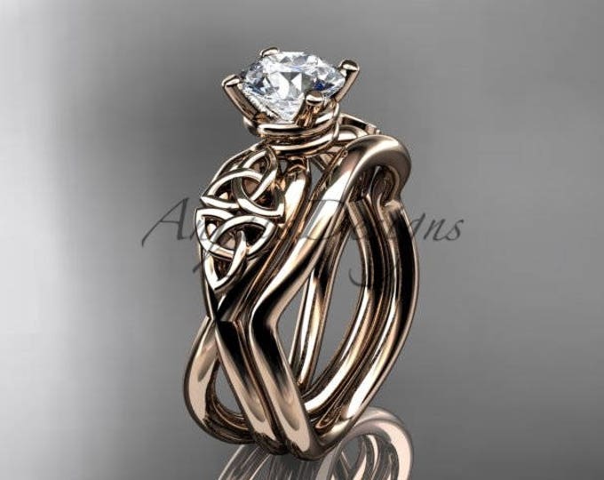 Celtic Engagement Ring Set 14k Rose Gold Trinity Knot Bridal Set Ring 1 Carat Lab Grown Round Diamond