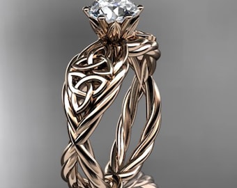 Celtic Rope Engagement Ring 14K Rose Gold 1 Carat Lab Grown Diamond Trinity Knot Twisted Bridal Ring