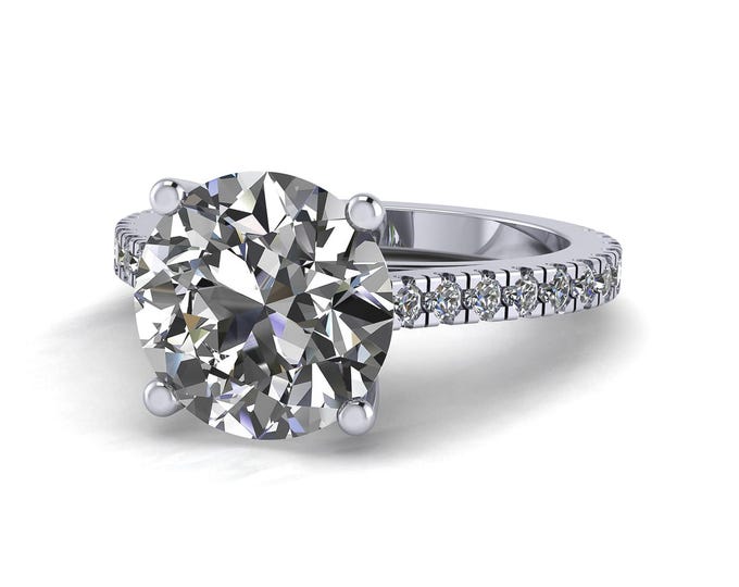 4 Carat F Color VS2 Clarity IGI Certified Round Ideal Cut Lab Grown Diamond Pave Set Engagement Ring 14k White Gold
