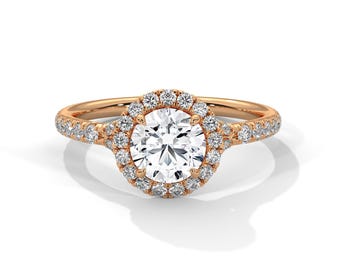 1 Carat Round Lab Grown Diamond Ring Halo Engagement Ring VS1 D IGI Certified 14k Rose Gold Eternity Ring