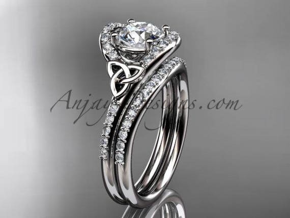 14k White Gold Moissanite Engagement Ring Set Celtic Trinity - Etsy