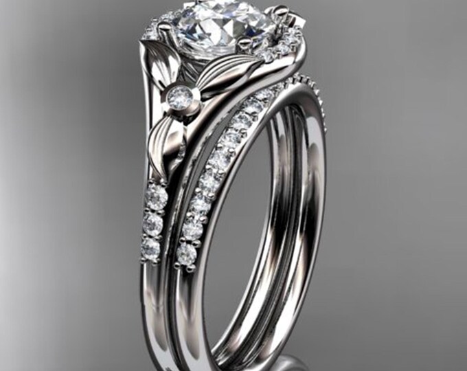 1 Carat Round Lab Grown Diamond Bridal Set Thin Floral Engagement Ring 14K White Gold Dainty Engagement Ring Set