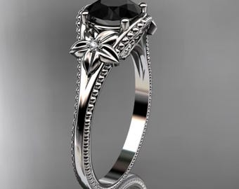 Flower Engagement Ring 1 Carat Black Diamond 18k White Gold Floral Diamond Wedding Ring Dainty Ring