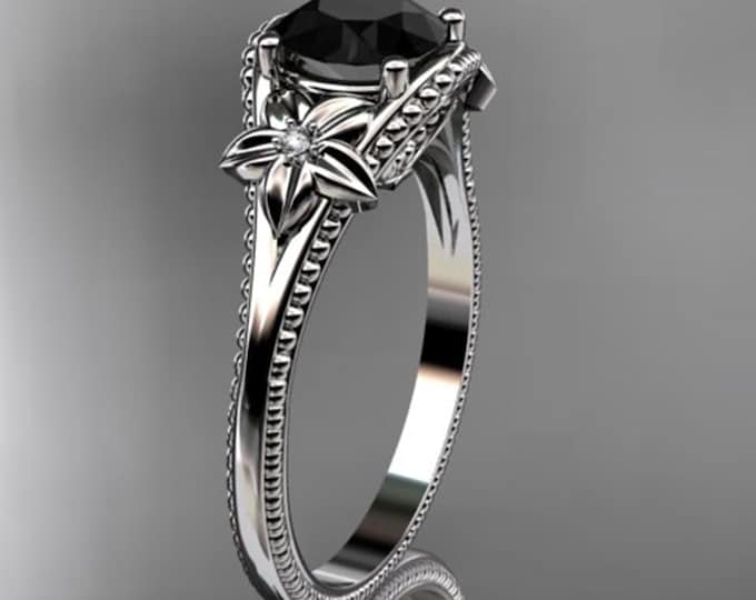 Flower Engagement Ring 1 Carat Black Diamond 18k White Gold Floral Diamond Wedding Ring Dainty Ring