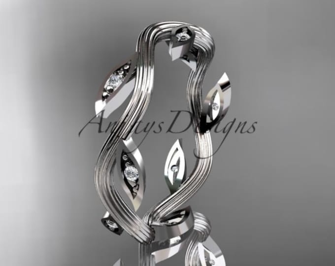 Nature Inspired Leaf Ring 14k White Gold Lab Grown Diamond Dainty Wedding Band