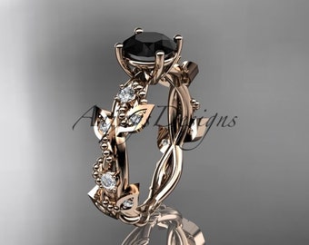 Round Black Diamond Leaf Vine Engagement Ring 14k Rose Gold Anniversary Gift