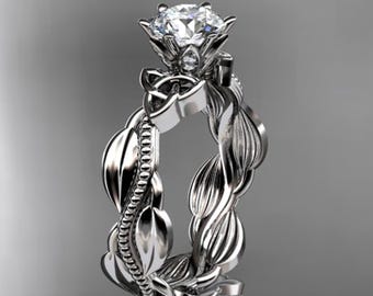 Diamond Celtic Engagement Ring 14k Solid White Gold Lab Grown Diamond Nature Inspired Wedding Ring
