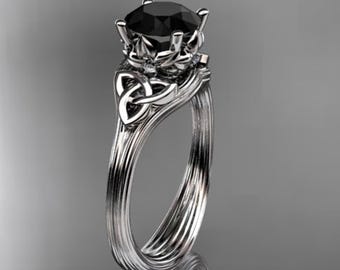 Irish Celtic Engagement Ring 1 Carat Black Diamond Ring 18k White Gold Trinity Knot Nature Inspired Wedding Ring