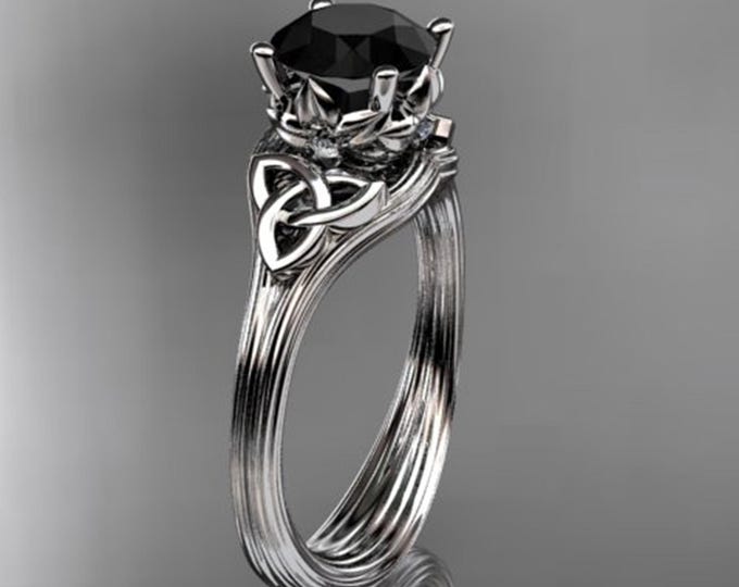 Irish Celtic Engagement Ring 1 Carat Black Diamond Ring 18k White Gold Trinity Knot Nature Inspired Wedding Ring