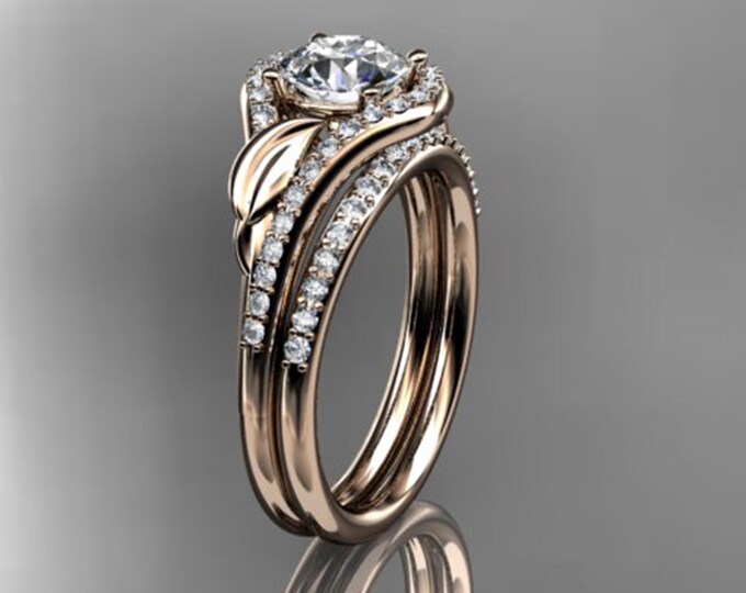 1 Carat Round Lab Grown Diamond Nature Inspired Engagement Ring Set Leaf 14k Rose Gold Nature Ring