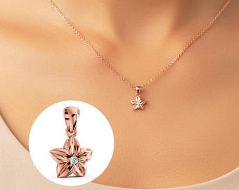 Diamond Flower Charm 14k Solid Gold Necklace Lab Grown Diamond Charm Necklace Dainty Floral Pendant