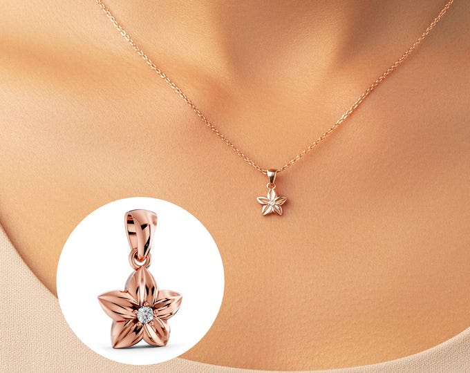 Diamond Flower Charm 14k Solid Gold Necklace Lab Grown Diamond Charm Necklace Dainty Floral Pendant