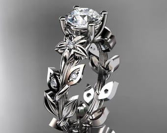 1 Carat Round Brilliant Lab Grown Diamond Nature Inspired Engagement Ring Leaf Vine CVD Diamond Flower Ring