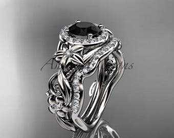 Floral Bridal Ring Set Black Diamond 14k White Gold Leaf Vine Wedding Set