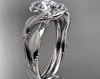 Nature Inspired Engagement Ring 1 Carat Round D VS1 Lab Grown Diamond Platinum Twig and Leaf Proposal Ring