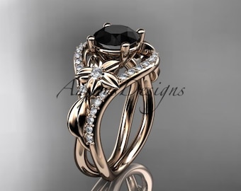 Unique Black Diamond Flower Engagement Ring 14k Rose Gold Nature Inspired Leaf Vine Wedding Ring