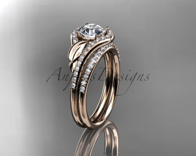 1 Carat Round Lab Grown Diamond Nature Inspired Engagement Ring Set Leaf 14k Rose Gold Nature Ring