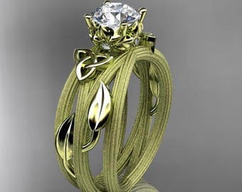Celtic Knot Irish Engagement Ring 1 CT Lab Grown Diamond Ring 14k Yellow Gold Matte Finish Leaf Vine Wedding Ring Nature Inspired