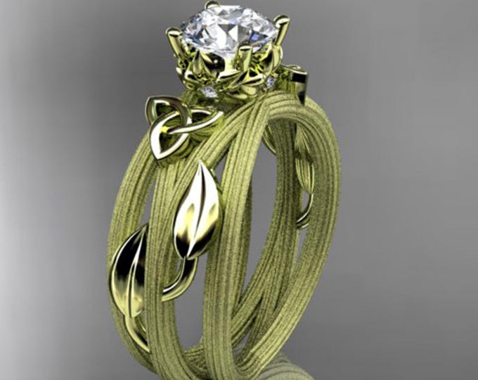 Celtic Knot Irish Engagement Ring 1 CT Lab Grown Diamond Ring 14k Yellow Gold Matte Finish Leaf Vine Wedding Ring Nature Inspired