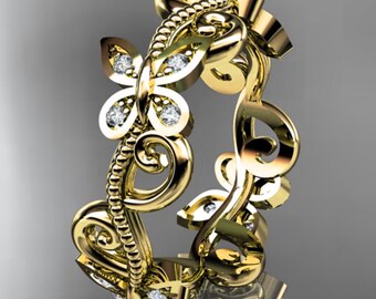 Unique Diamond Butterfly Wedding Band 14k Solid Gold Nature Inspired Art Deco Ring For Women Anniversary Gift