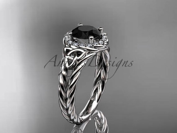Round Cut Black Diamond Wedding Ring 14k White Gold Diamond Halo