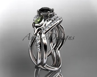 Unique Gemstone Ring Set For Her 14k White Gold Black Diamond Engagement Ring Set Women's Bridal Rings For Women