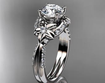 Nature Inspired 1ct Diamond Engagement Ring 14k White Gold Flower Wedding Ring